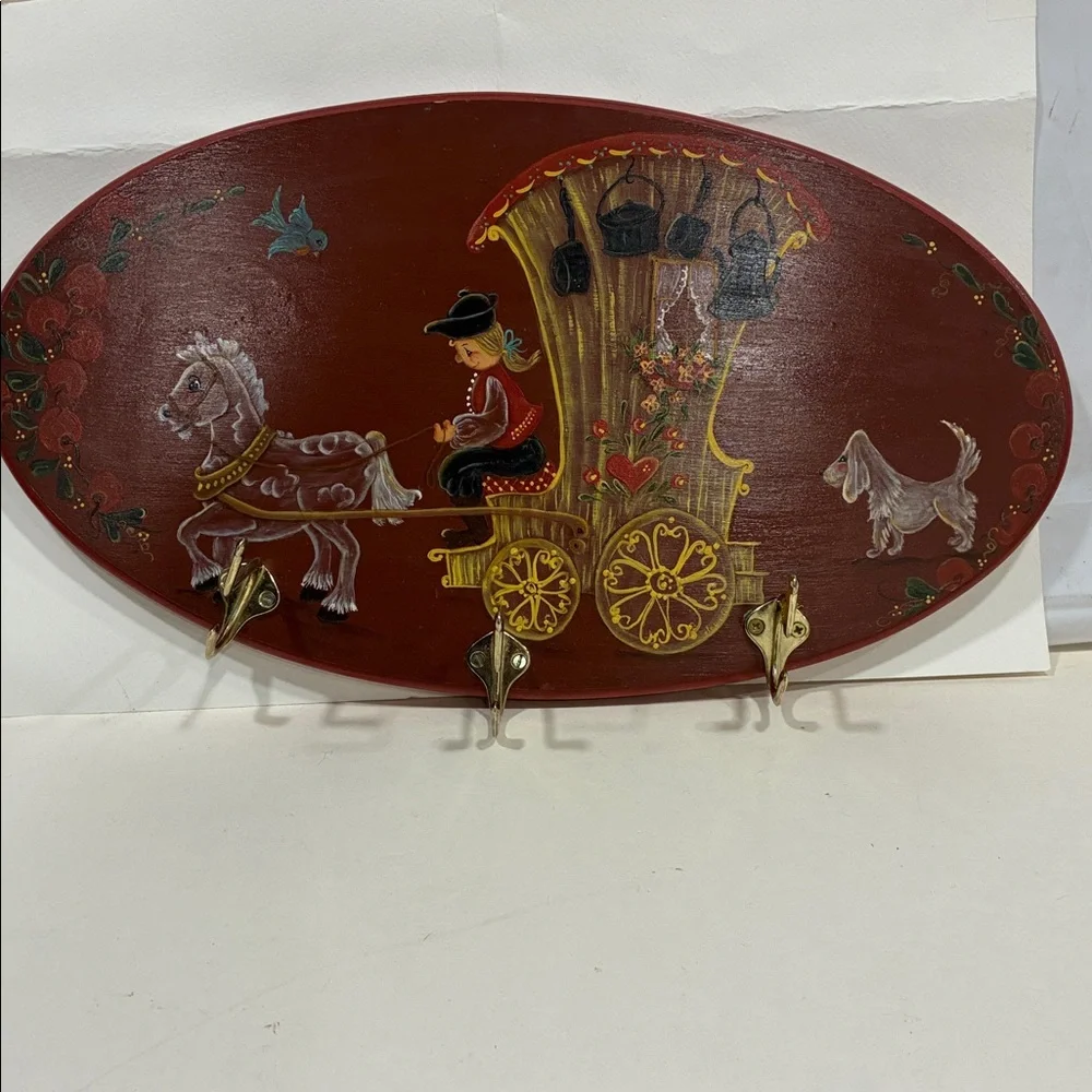 Tole Ware Coat Rack VTG Red Wall Decor W Brass Hooks Painted Colorful Dog Man